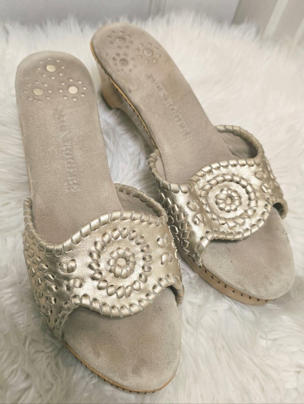 Jack Rogers Gold Leather Upper and  Wooden Wedge Heel Sandals Size 9